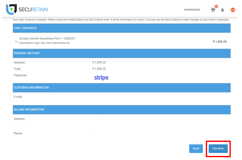SecuRetain payment details page